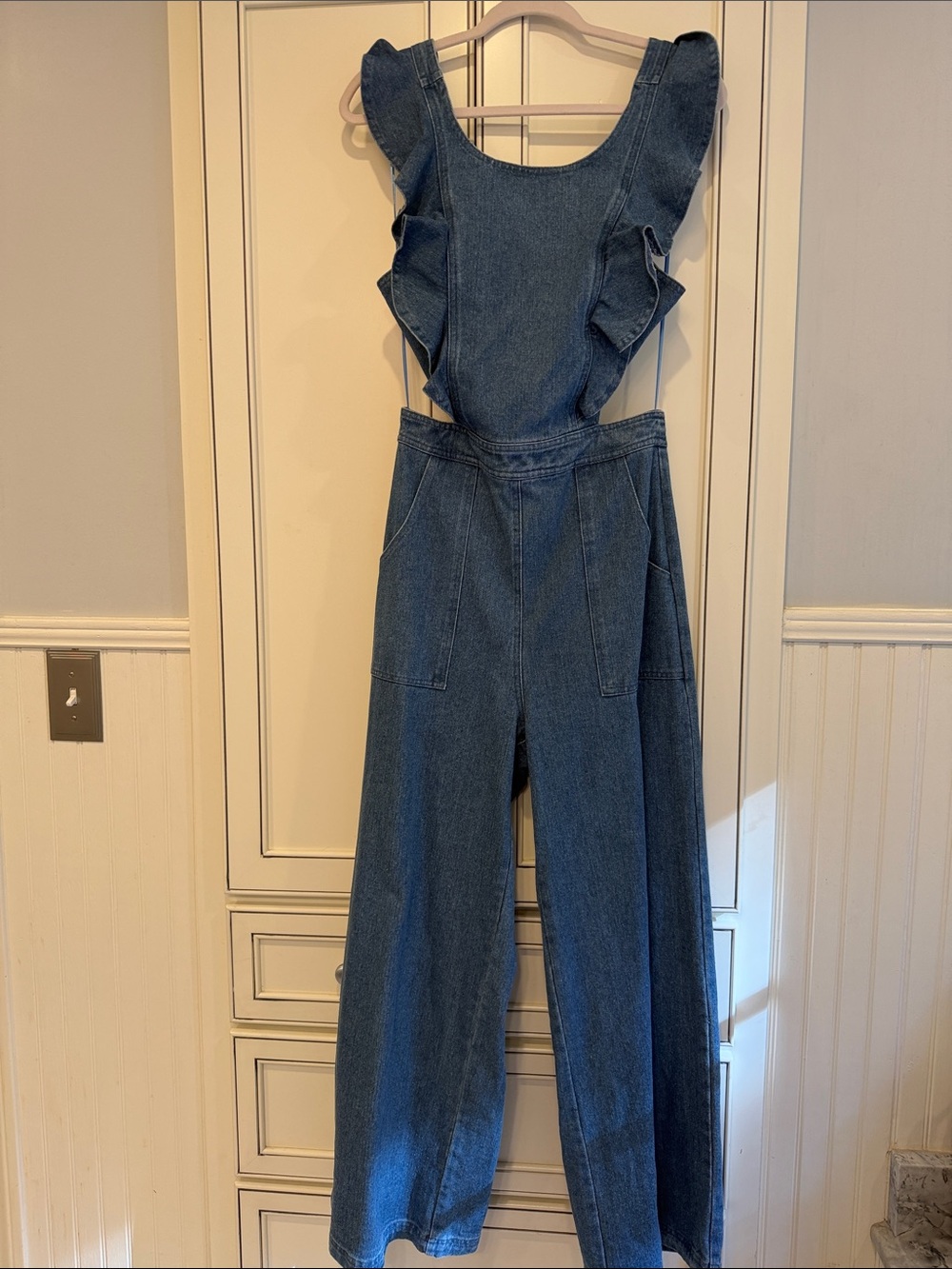 Sugarlips Dark Blue Ruffle-Shoulder Denim Overalls, M